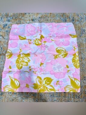 60’s Vintage Pink Floral Scarf with Mustard Leaf Accents